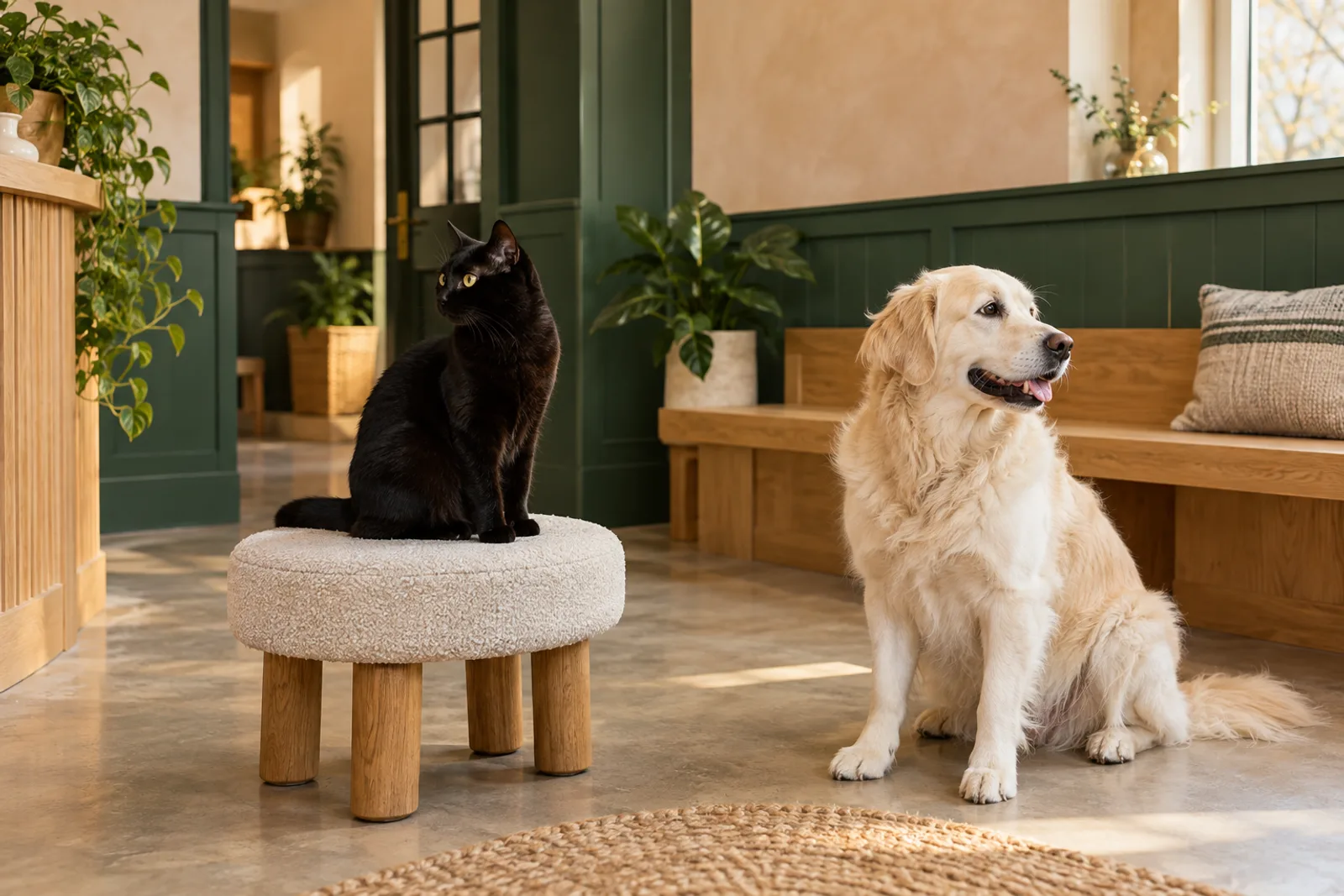 A black cat and cream-colored dog relaxing in a warm, modern pet care lobby