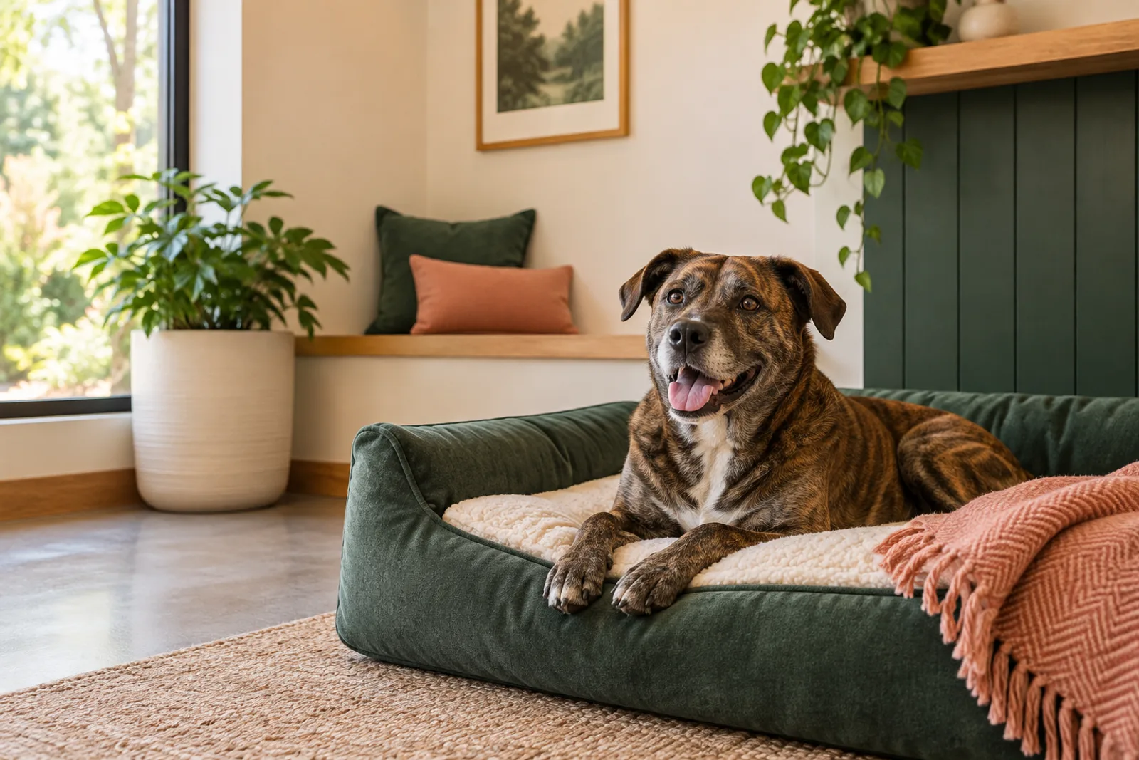 A brindle dog relaxing on a green bed in a warm boarding suite