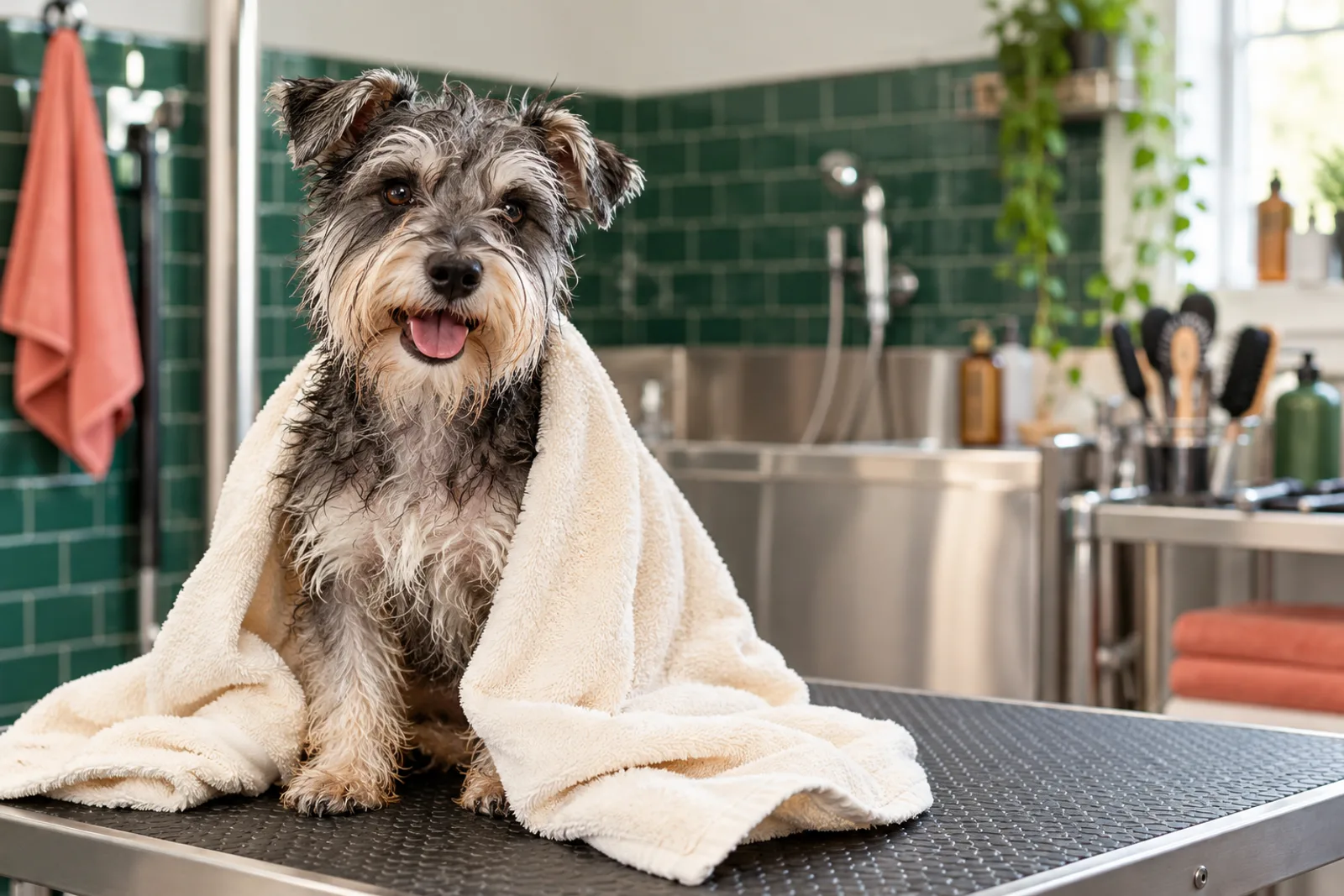 A freshly bathed terrier wrapped in a cream towel in a grooming studio