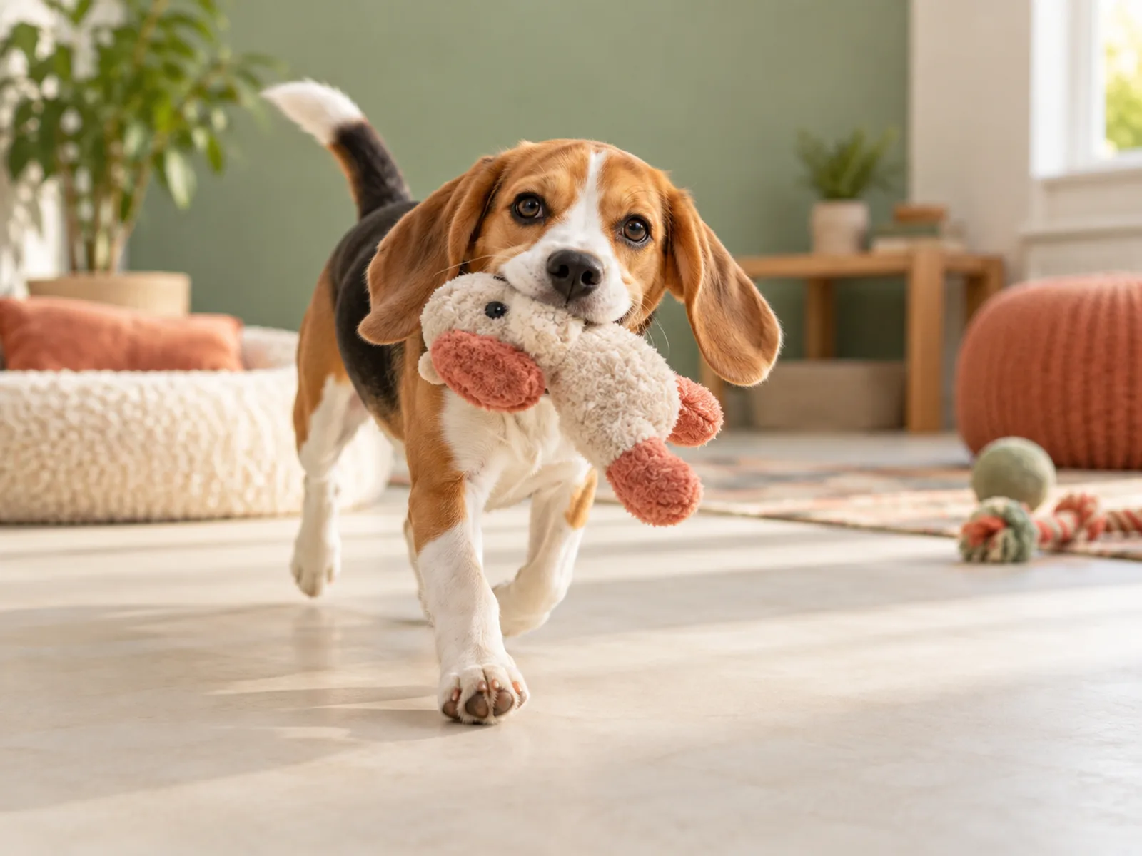 A happy beagle carrying a soft toy across a bright indoor playroom
